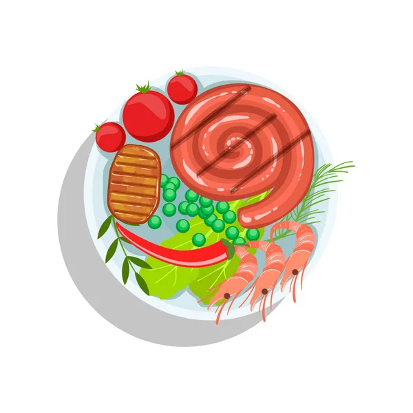 Embutidos laminados, carne de res y camarones, Oktoberfest Grill Placa de comida Ilustración — Archivo Imágenes Vectoriales