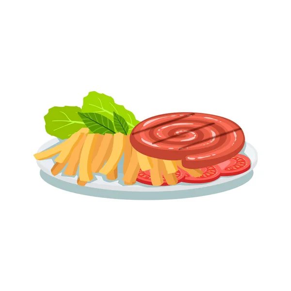Rolo de salsicha, batatas fritas e tomate, Oktoberfest Grill Food Plate Ilustração — Vetor de Stock