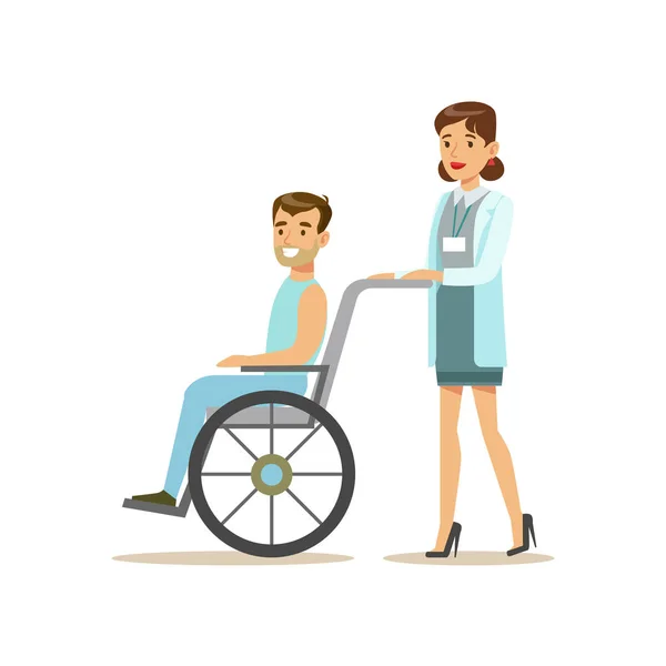 Zdravotní sestra postupných pacienta v invalidní vozík, nemocniční a zdravotnické ilustrace — Stockový vektor