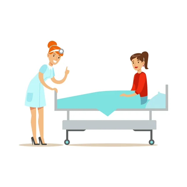 Médico examinando o paciente deitado na cama de hospital, hospital e ilustração de cuidados de saúde —  Vetores de Stock