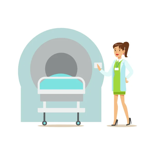 Médico de pie junto a la máquina de resonancia magnética de resonancia magnética, hospital e ilustración sanitaria — Vector de stock