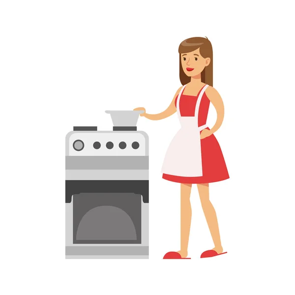 Mujer Ama de casa Cocina en la cocina, Clásico deber doméstico de quedarse en casa Ilustración de la esposa — Vector de stock