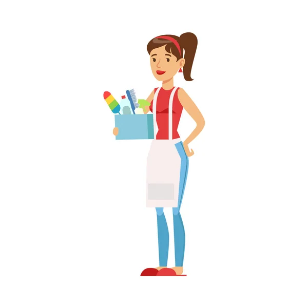 Woman Housewife Holding Box Of Domestic Chemistry And Inventory, Classic Household Duty Of Staying-at-home Wife Illustration - Stok Vektor