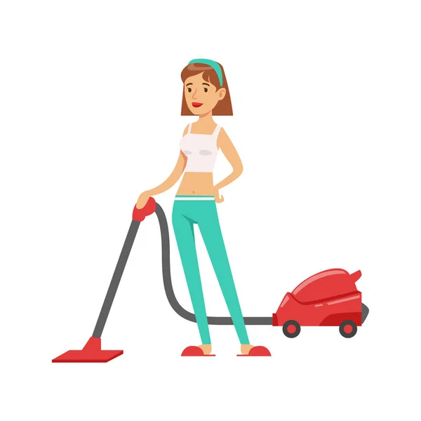 Woman Housewife Vacuum Cleaning The Floor , Classic Household Duty Of Staying-at-home Wife Illustration — Stock Vector