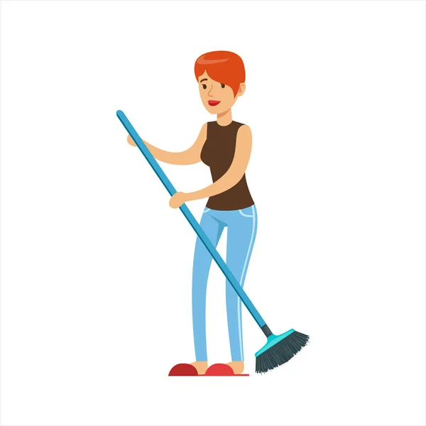 Perempuan Housewife Menyapu Lantai Dengan Broom, klasik Tugas Rumah Tangga Dari Tinggal-di-rumah Istri Ilustrasi - Stok Vektor