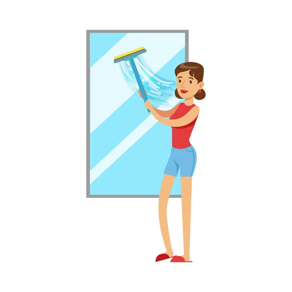 Kvinna-hemmafru rengöring av fönster med gummiskrapa, klassiska hushållens plikt av bor-at-home fru Illustration — Stock vektor