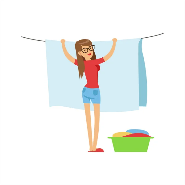 Mujer Housewife Hanging Wet Laundry On The String Outdoors, Classic Household Duty Of Staying-at-home Wife Illustration — Vector de stock