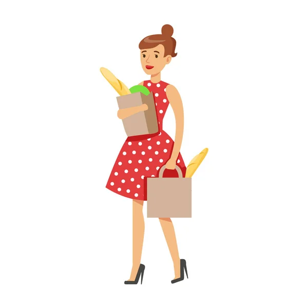 Женщина Домохозяйка Продуктовый магазин с двумя бумажными пакетами, классический домашний долг пребывания на дому Иллюстрация жены — стоковый вектор