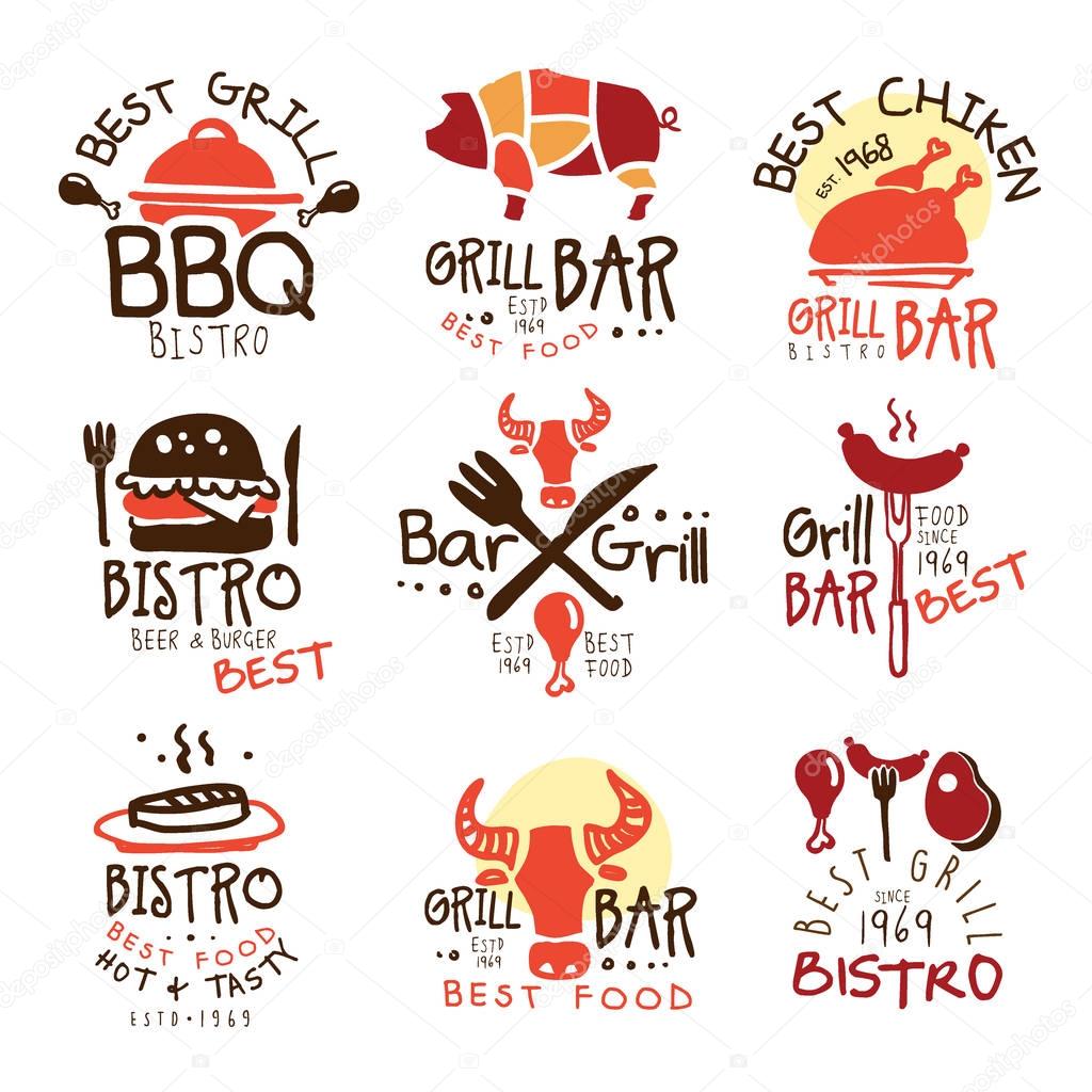 Best Grill Bar Promo Signs Set Of Colorful Vector Design Templates With Food Silhouettes