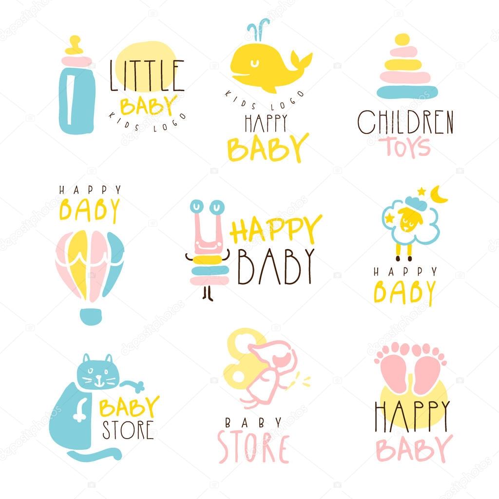 Kids Shop Promo Signs Series Of Colorful Vector Design Templates With Outlined Childish Toy Silhouettes. Baby Toys And Product Store Labels In Flat Bright Illustrations With Text.