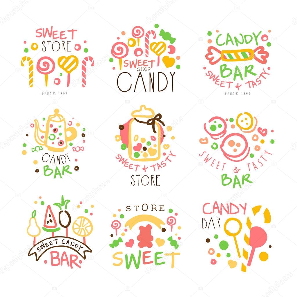 Candy Shop Promo Signs Set Of Colorful Vector Design Templates With Sweets And Pastry Silhouettes