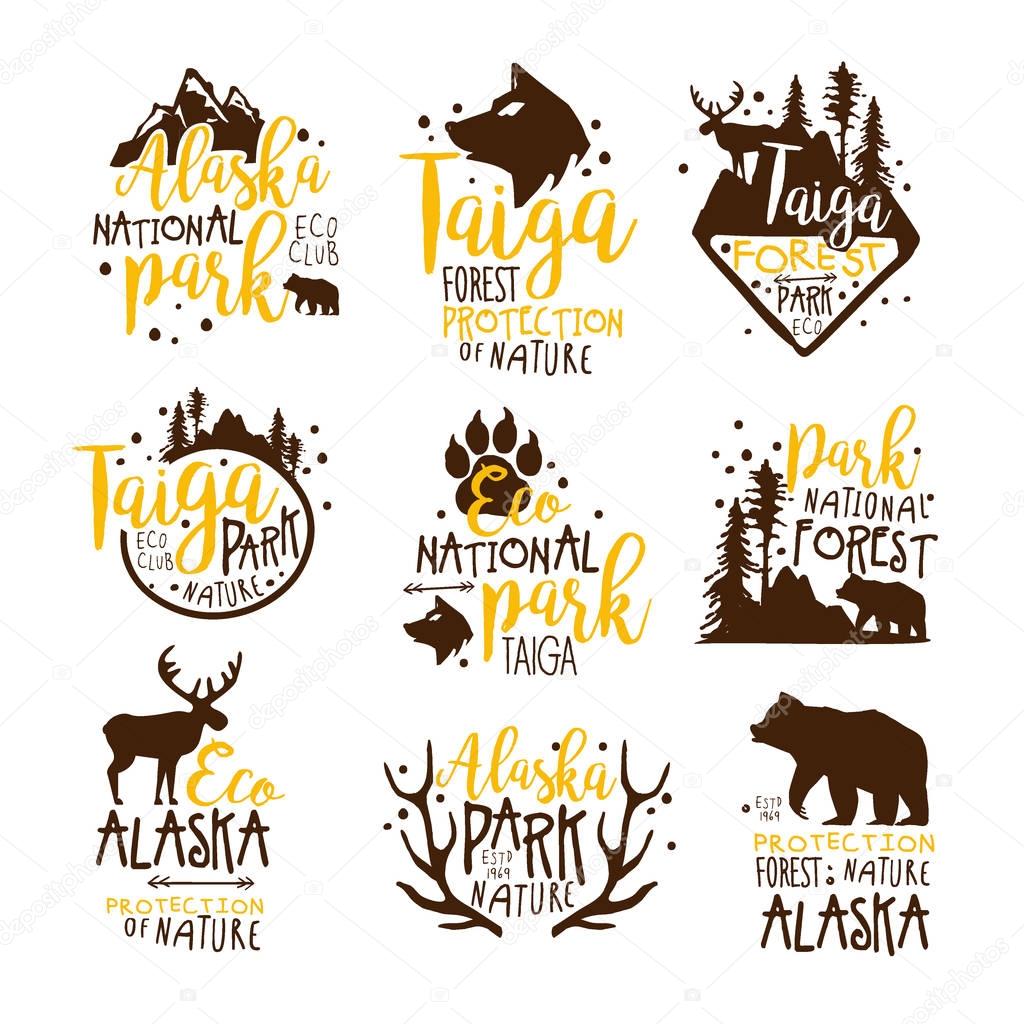 Alaska National Park Promo Signs Series Of Colorful Vector Design Templates With Wilderness Elements Silhouettes