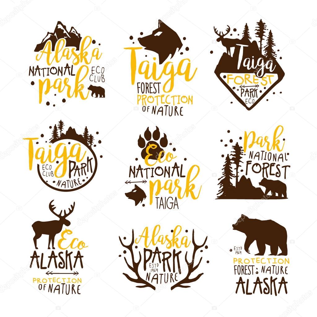 Alaska National Park Promo Signs Series Of Colorful Vector Design Templates With Wilderness Elements Silhouettes. Natural Protected Forest Park Labels In Flat Bright Illustrations With Text.