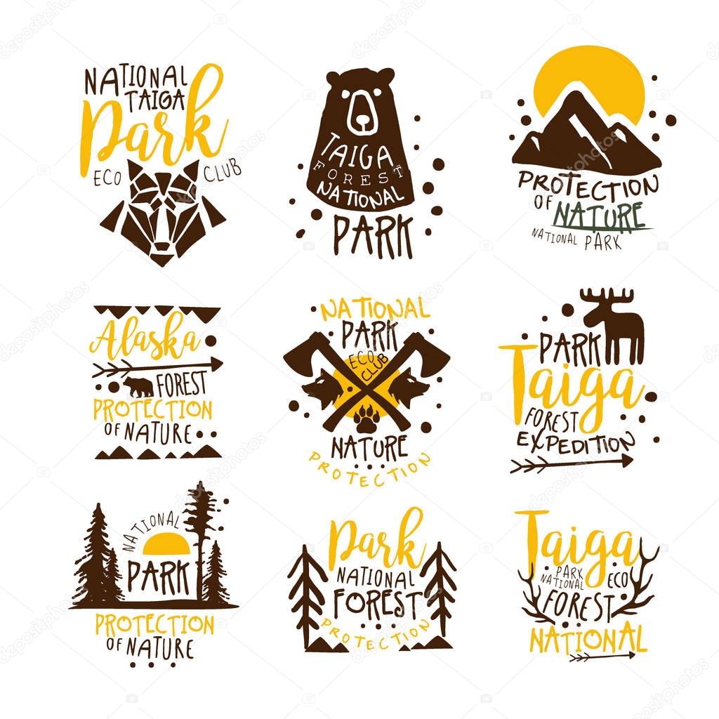 Alaska National Park Promo Signs Series Of Colorful Vector Design Templates With Wilderness Elements Silhouettess. Natural Protected Forest Park Labels In Flat Bright Illustrations With Text.