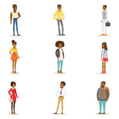 Afro-Amerikan siyah insanlar sokak stil giyim ayakta karikatür karakter kümesi