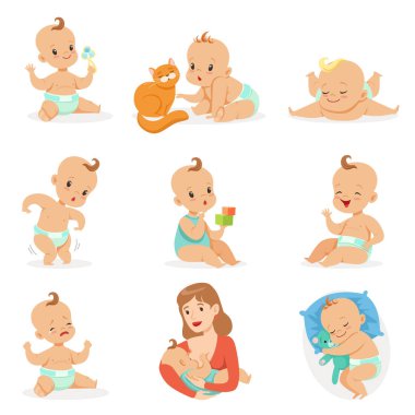 Mutlu bebek ve günlük rutin düşünerekbir sevimli çizgi bebeklik ve bebek resimler