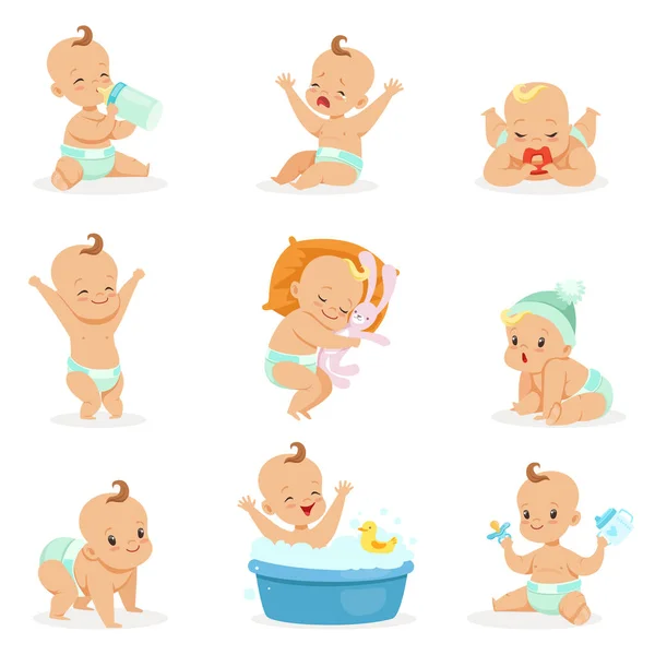 Adorable bebé feliz y su serie diaria de rutina de dibujos animados lindo infancia e ilustraciones del bebé — Vector de stock