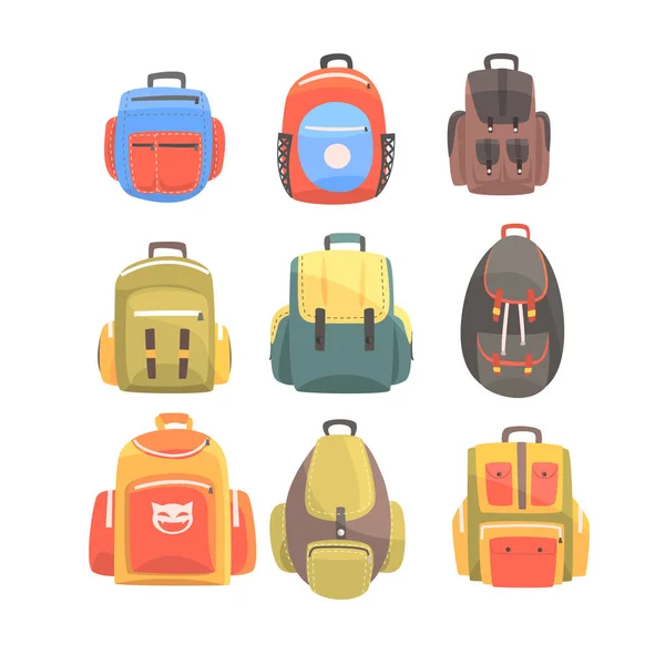 Coloridas mochilas de dibujos animados conjunto de bolsa de la escuela para los diseños de los niños — Archivo Imágenes Vectoriales
