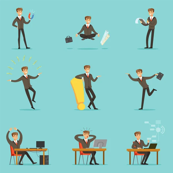 Businessman Work Process Series Of Business Related Scenes With Young Entrepreneur Cartoon Character - Stok Vektor