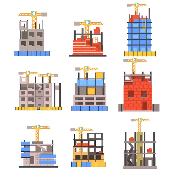 Unfinished Modern Building Construction Set With No People And Lifting Crane Set Of Icons — Stock Vector