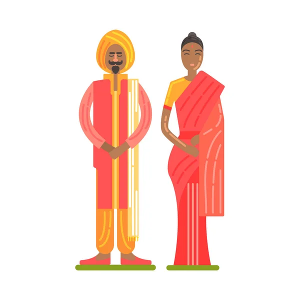 Paar draagt klederdracht van rode en oranje kleuren, beroemde traditionele toeristische symbool van Indische cultuur — Stockvector