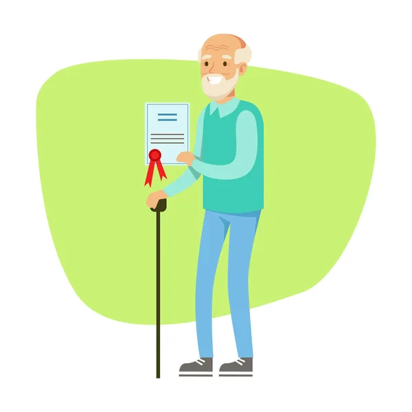 Old Man With Walking Stick Holding Insurance Contract, Insurance Company Services Illustration infographique — Image vectorielle