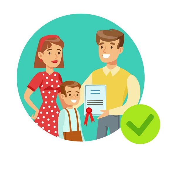 Smiling Family Holding Insurance Contract, Insurance Company Services Infographic Illustration — Stock Vector