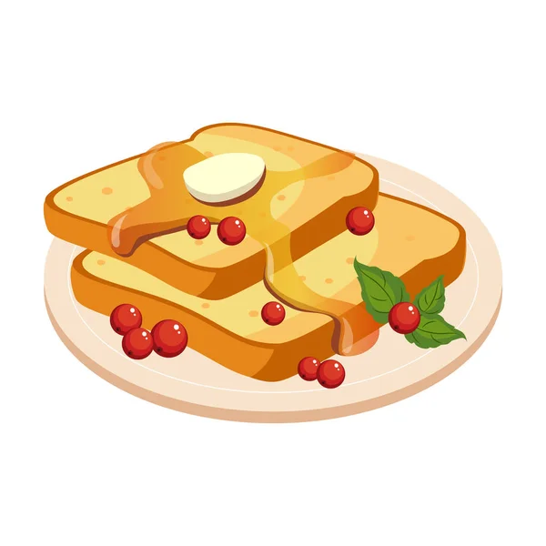 Pan tostadas con mantequilla derretida y placa de miel ilustración de dibujos animados — Vector de stock