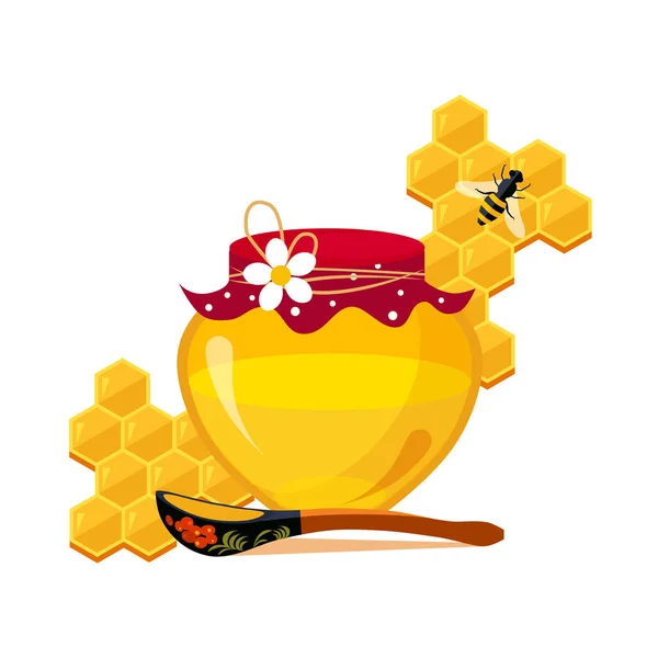 Frasco de mel, colher e favos de mel com ilustração de desenhos animados de abelha — Vetor de Stock