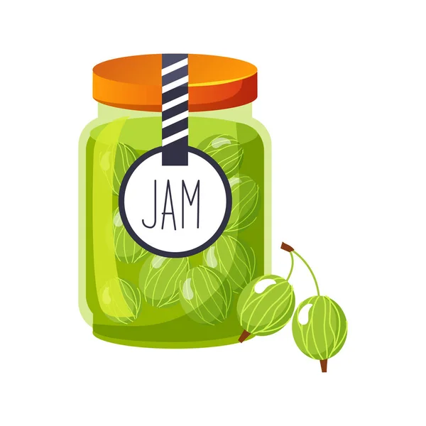 Zoete kruisbes groene Jam glazen pot gevuld met Berry met sjabloon Label illustratie — Stockvector