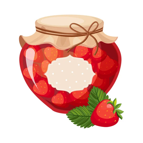 Tarro de cristal rojo dulce de la mermelada de la fresa llenado con la baya con la ilustración de la etiqueta de la plantilla — Archivo Imágenes Vectoriales