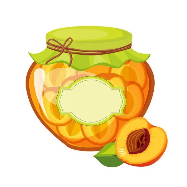 Tarro de cristal de mermelada de naranja de albaricoque dulce lleno de fruta con ilustración de etiqueta de plantilla — Vector de stock