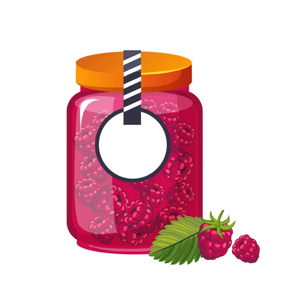 甜甜的覆盆子粉红色果酱玻璃罐，里面装满浆果与模板标签说明 — 图库矢量图片