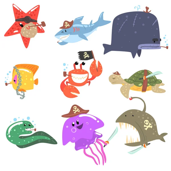 Θαλάσσια ζώα και τα υποβρύχια άγριας ζωής με αξεσουάρ πειρατή και χαρακτηριστικά σύνολο χαρακτήρων κόμικς καρτούν — Διανυσματικό Αρχείο