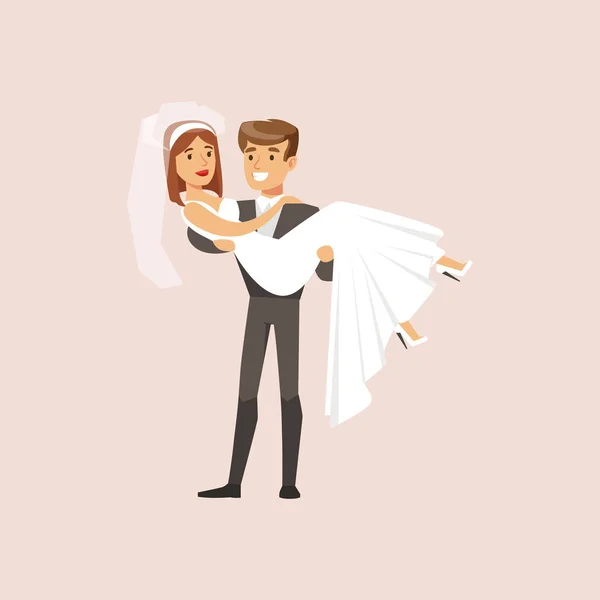 Newlyweds, Husband Holding Wife In Arms At The Wedding Party Scene — Stock Vector