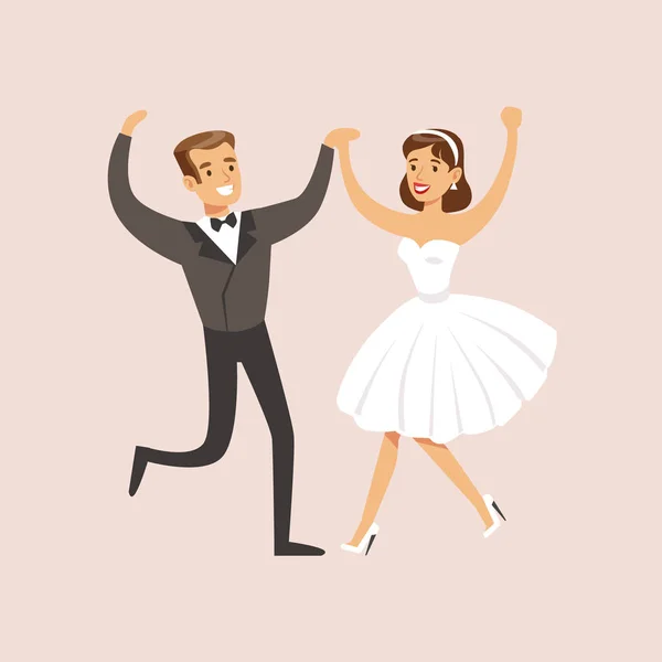 Новобрачные танцуют рок-н-ролл на сцене свадьбы — стоковый вектор