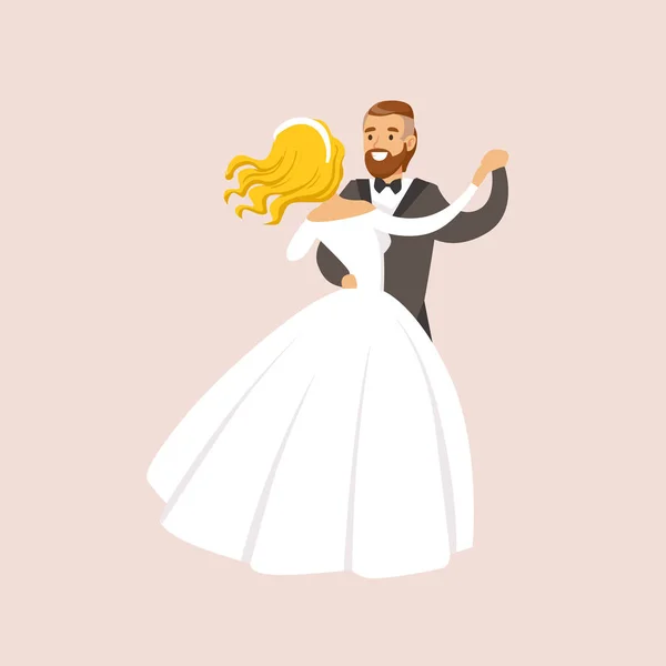 Recién casados bailando vals en la escena de la fiesta de bodas — Vector de stock