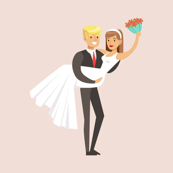 Recién casados, hombre sosteniendo mujer y ramo en la escena de la fiesta de boda — Archivo Imágenes Vectoriales