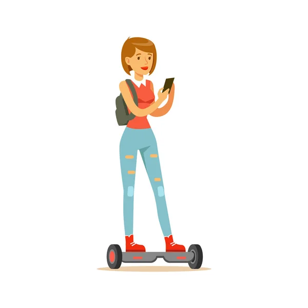 Menina com mochila e Smartphone equitação elétrico auto-equilíbrio bateria alimentado pessoal elétrico Scooter personagem dos desenhos animados —  Vetores de Stock