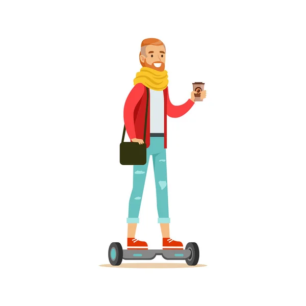 Hipster z kubkiem kawy papieru jazda elektrycznym samoorganizującego się postać z kreskówki osobiste skuter elektryczny zasilany z baterii — Wektor stockowy