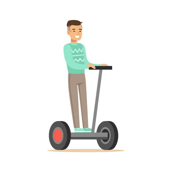 Ásia homem no azul camisola equitação elétrico auto-equilíbrio bateria alimentado pessoal elétrico scooter personagem dos desenhos animados — Vetor de Stock