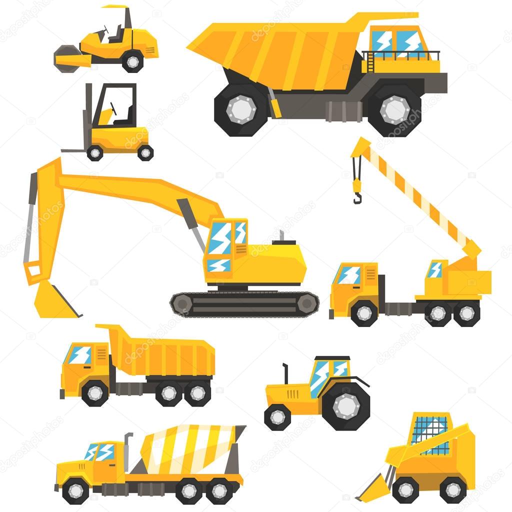 Yellow Construction Cars And Machinery Set Of Colorful Vehicles In REalistic Design Illustrations