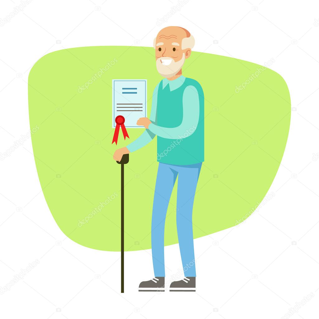 Old Man With Walking Stick Holding Insurance Contract , Insurance Company Services Infographic Illustration