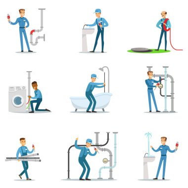 Plumber And Water Supply Plumbing Specialist At Work Doing Repairs Set Of Cartoon Character Scenes clipart