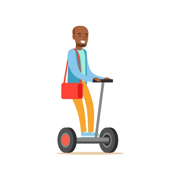 Uomo nero in blu maglione cavalcando elettrico auto-bilanciamento batteria alimentato Personal Scooter elettrico Cartoon Character — Vettoriale Stock