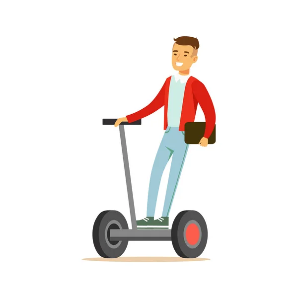 Asian Guy Businessman Riding Electric Self-Balancing Battery Powered Personal Electric Scooter Cartoon Character — Stock Vector