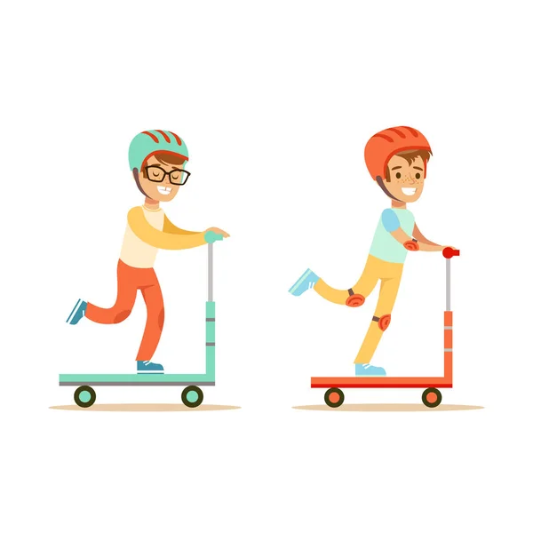 Due giovani ragazzi cavalcare scooter in caschi vettoriale illustrazione — Vettoriale Stock