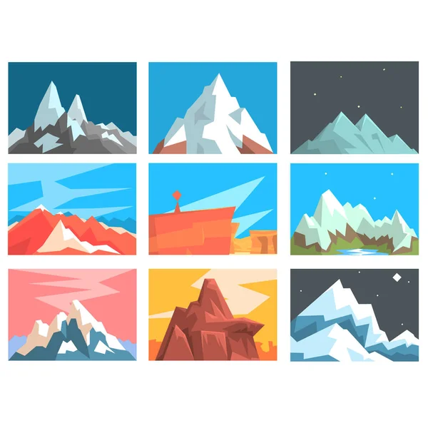Montaña picos y cumbres paisaje vector ilustración conjunto con montañas de diferentes zonas geográficas . — Vector de stock