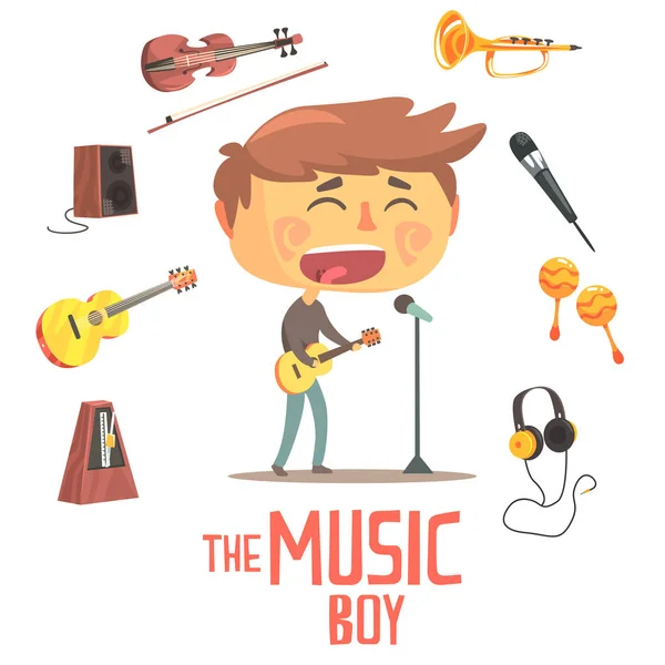 Хлопчик співак і музикант, діти майбутня мрія професійні ілюстрації з пов'язаними з професійними об'єктами — стоковий вектор