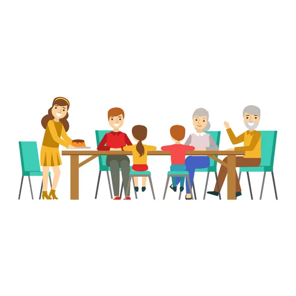 Lycklig familj att ha god tid grupp insamling och äta Illustration — Stock vektor